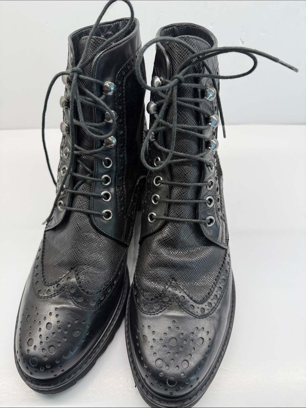 Stuart Weitzman Black Lace-Up Brogue Boots